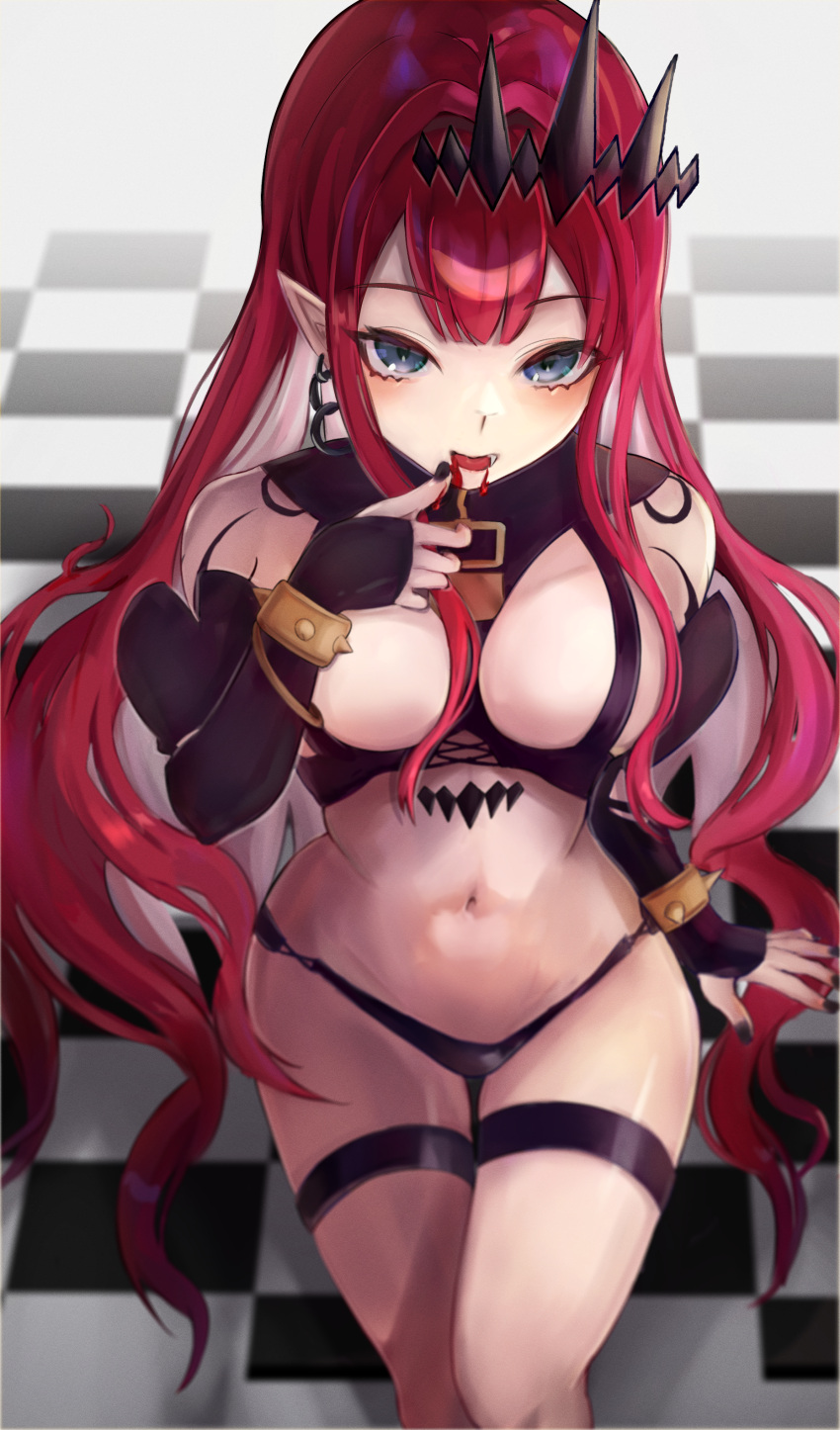 1girl absurdres baobhan_sith_(fate) baobhan_sith_(second_ascension)_(fate) black_nails black_pantyhose blood blood_from_mouth blood_on_face blush bracelet breasts checkered_floor detached_sleeves earrings fate/grand_order fate_(series) feet_out_of_frame grey_eyes hair_ornament hand_up highres hoop_earrings jewelry klash long_hair looking_at_viewer nail_polish navel open_mouth pantyhose pointy_ears red_hair revealing_clothes sidelocks sitting solo spiked_bracelet spikes thigh_strap