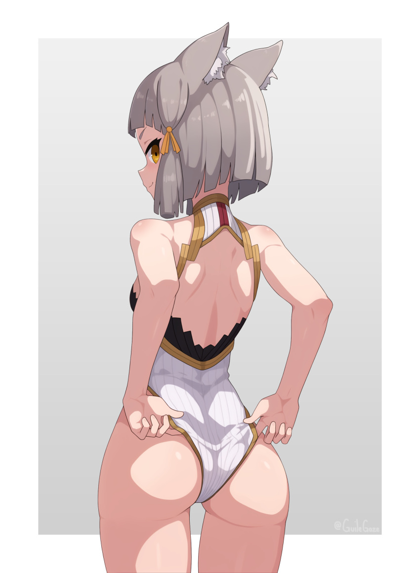 1girl absurdres adjusting_clothes adjusting_leotard animal_ear_fluff animal_ears ass back_cutout border brown_eyes cat_ears clothing_cutout from_behind gradient_background grey_background grey_hair guilegaze hair_ribbon highres leotard looking_back nia_(xenoblade) ribbon short_hair smile solo thigh_gap white_border xenoblade_chronicles_(series) xenoblade_chronicles_2 yellow_ribbon