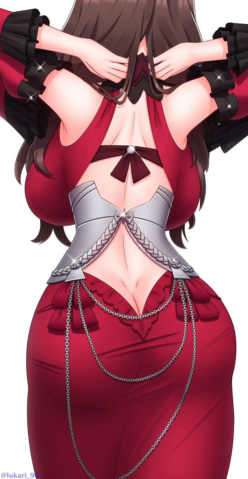 1girl absurdres backboob black_choker breasts brown_hair butt_crack chain choker corset dorothea_arnault fire_emblem fire_emblem:_three_houses frilled_sleeves frills from_behind highres large_breasts long_hair lukari median_furrow solo white_background