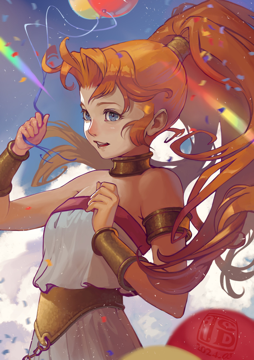 1girl absurdres armlet balloon bare_shoulders blonde_hair blue_eyes blue_sky bracelet chrono_trigger cloud cloudy_sky commentary confetti english_commentary fumezu1 hands_up high_ponytail highres holding holding_balloon jewelry long_hair marle_(chrono_trigger) neck_ring outdoors pants parted_lips shirt sky smile solo strapless strapless_shirt upper_body very_long_hair white_pants white_shirt