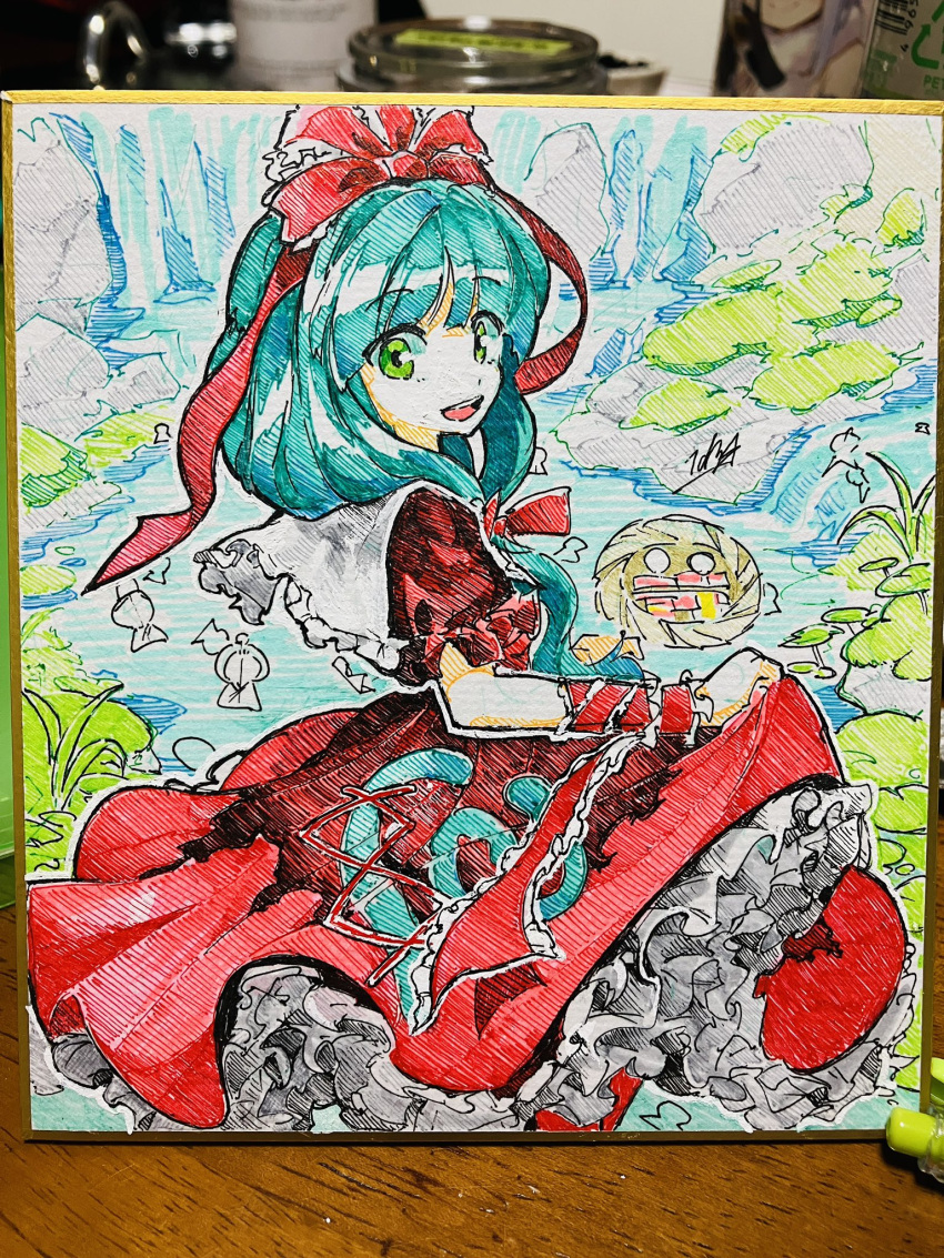 1girl aqua_hair arm_ribbon commentary day doggo_1d34 dress frilled_ribbon frills front_ponytail green_eyes hair_ribbon hatching_(texture) highres kagiyama_hina long_hair looking_at_viewer making-of_available nagashi-bina nature open_mouth outdoors petticoat red_dress red_ribbon ribbon rock shikishi short_sleeves signature skirt_hold smile solo touhou traditional_media water waterfall