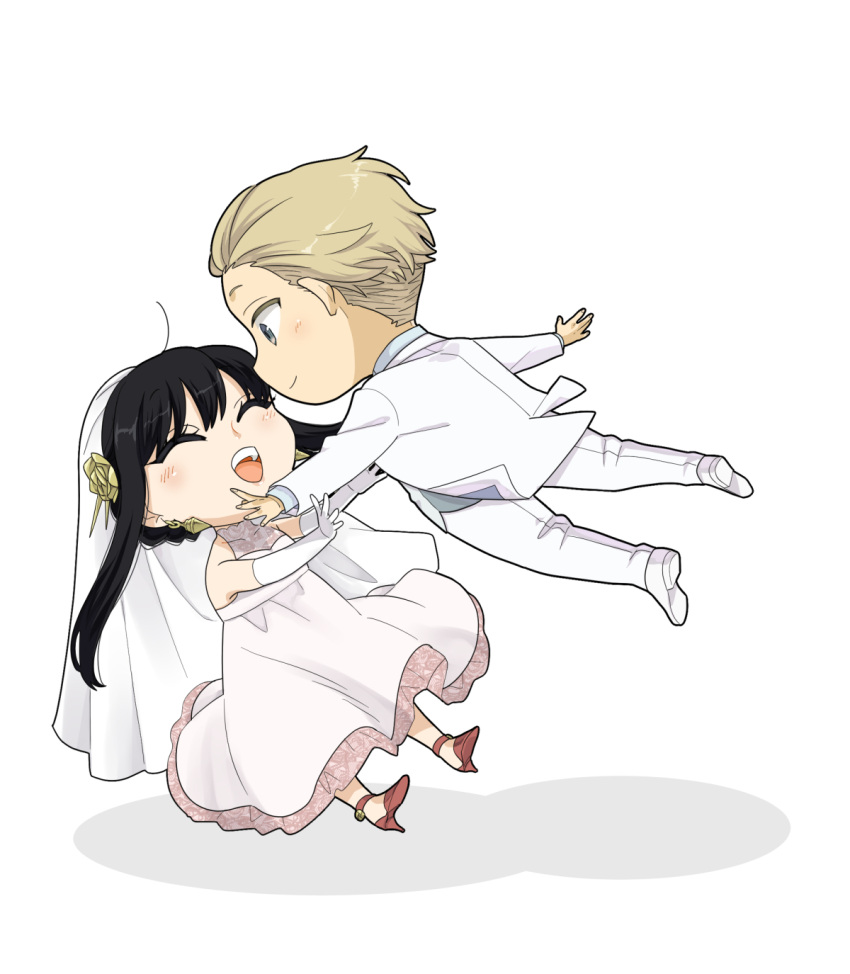 1boy 1girl bare_shoulders black_hair breasts bridal_veil bride chibi dress earrings elbow_gloves formal gloves gold_earrings gold_hairband groom hair_ornament hairband highres holding husband_and_wife jewelry long_hair long_sleeves open_mouth shirt sidelocks simple_background smile spy_x_family strapless strapless_dress sunbo_zatta tuxedo twilight_(spy_x_family) veil wedding wedding_dress white_dress white_gloves yor_briar