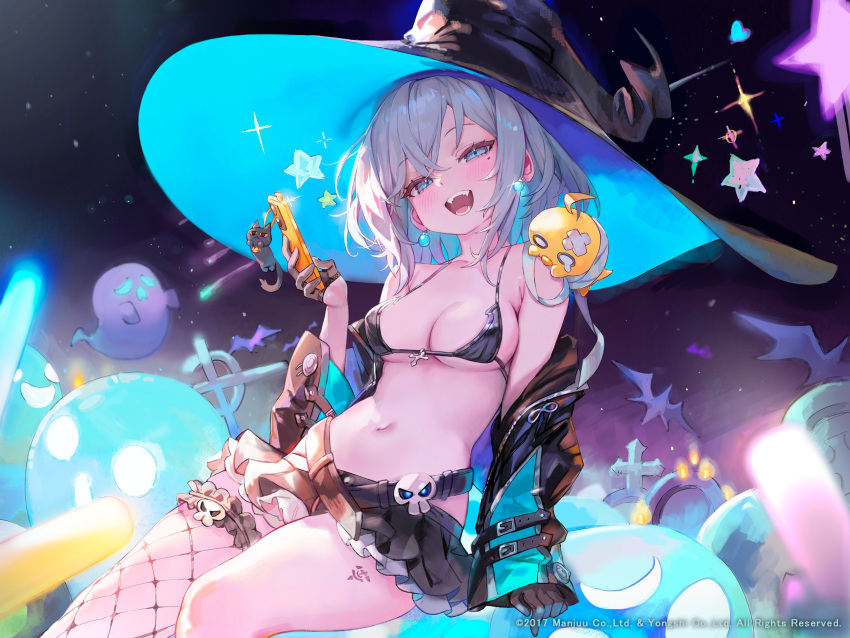 1girl azur_lane bandaid bandaid_on_head bikini black_bikini black_gloves black_jacket black_skirt breasts cat_ornament cellphone commentary_request fangs fishnet_thighhighs fishnets freng frilled_straps ghost gloves half_gloves hat highres holding holding_phone jacket jade_(a_good_girl's_magic)_(azur_lane) jade_(azur_lane) layered_skirt leather leather_jacket looking_at_viewer manjuu_(azur_lane) microskirt mole mole_under_eye navel off_shoulder official_alternate_costume official_art open_clothes open_jacket open_mouth phone pink_hair single_thighhigh skirt skull_belt smartphone smile solo star_(symbol) stomach swimsuit thighhighs witch witch_hat