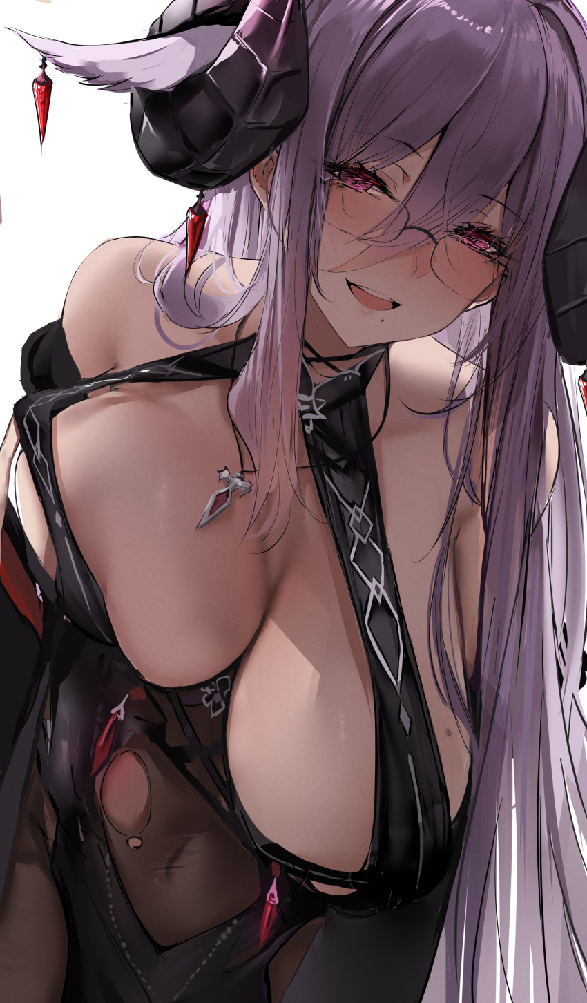 1girl absurdres azur_lane bare_shoulders black_horns blush breasts covered_navel curled_horns friedrich_carl_(azur_lane) glasses highres horn_ornament horns huge_breasts jewelry liaowen long_hair looking_at_viewer mole mole_under_mouth necklace open_mouth purple_eyes purple_hair simple_background smile solo teeth upper_teeth_only white_background