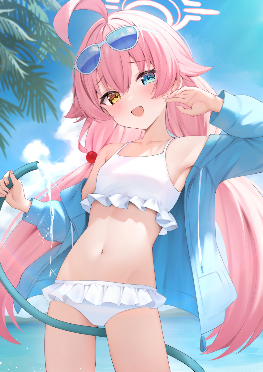 1girl absurdres ahoge aqua_jacket armpits beads bikini bikini_skirt blue_archive blush breasts collarbone eyewear_on_head frilled_bikini frills groin hair_beads hair_ornament halo head_tilt heterochromia highres holding holding_hose hose hoshino_(blue_archive) hoshino_(swimsuit)_(blue_archive) huge_ahoge jacket long_hair looking_at_viewer navel official_alternate_costume open_clothes open_jacket outdoors palm_leaf pink_hair rei_(ilust9999) small_breasts smile solo stomach swimsuit tinted_eyewear twintails very_long_hair white_bikini