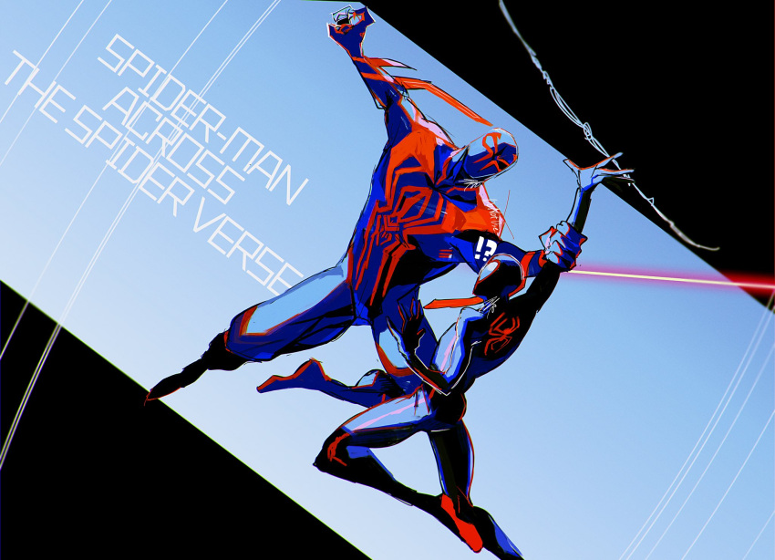 !? 2boys azisaiharumaki56 black_background blue_background blue_bodysuit bodysuit commentary copyright_name covered_face floating full_body highres holding_another's_arm incoming_attack male_focus marvel miguel_o'hara miles_morales multiple_boys red_bodysuit silk size_difference spider-man:_across_the_spider-verse spider-man_(series) spider-verse spider_web thighs two-tone_background