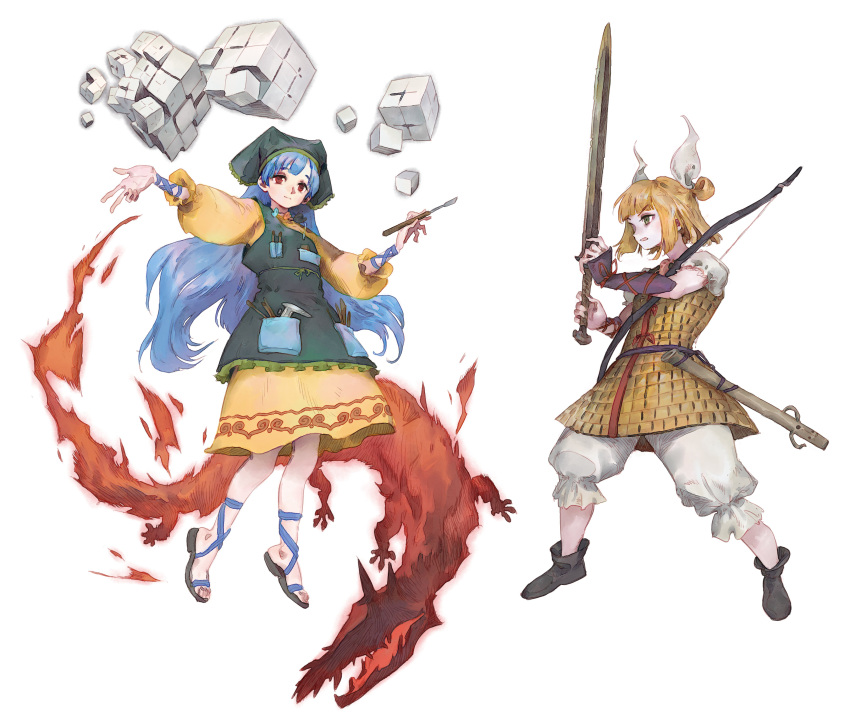 2girls absurdres ankle_strap apron arm_ribbon armor armored_dress black_footwear blonde_hair bloomers blue_hair bow_(weapon) chisel commentary_request cube double_bun dress fighting_stance green_apron green_hood green_scarf hair_bun haniyasushin_keiki head_scarf highres joutouguu_mayumi long_hair long_sleeves momijigari multiple_girls pocket puffy_sleeves red_eyes ribbon sandals scarf short_hair simple_background single_strap sword toes tools touhou vambraces very_long_hair weapon white_background white_bloomers white_ribbon wily_beast_and_weakest_creature wood_carving_tool yellow_armor yellow_dress yellow_sleeves