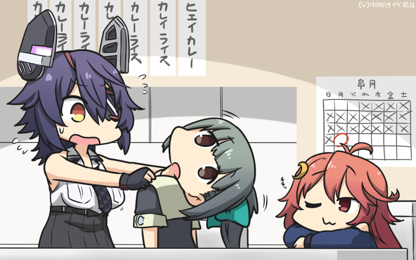 3girls :3 ahoge black_gloves black_skirt blue_shirt bow breast_pocket calendar_(object) checkered checkered_neckwear commentary cowboy_shot crescent crescent_hair_ornament dated eyepatch gloves grey_hair hair_bow hair_ornament hamu_koutarou headgear highres kantai_collection long_hair multiple_girls necktie one_eye_closed open_mouth partly_fingerless_gloves pink_hair pleated_skirt pocket ponytail purple_hair red_eyes remodel_(kantai_collection) school_uniform serafuku shirt short_hair skirt sleeveless tenryuu_(kantai_collection) uzuki_(kantai_collection) yellow_eyes yuubari_(kantai_collection)