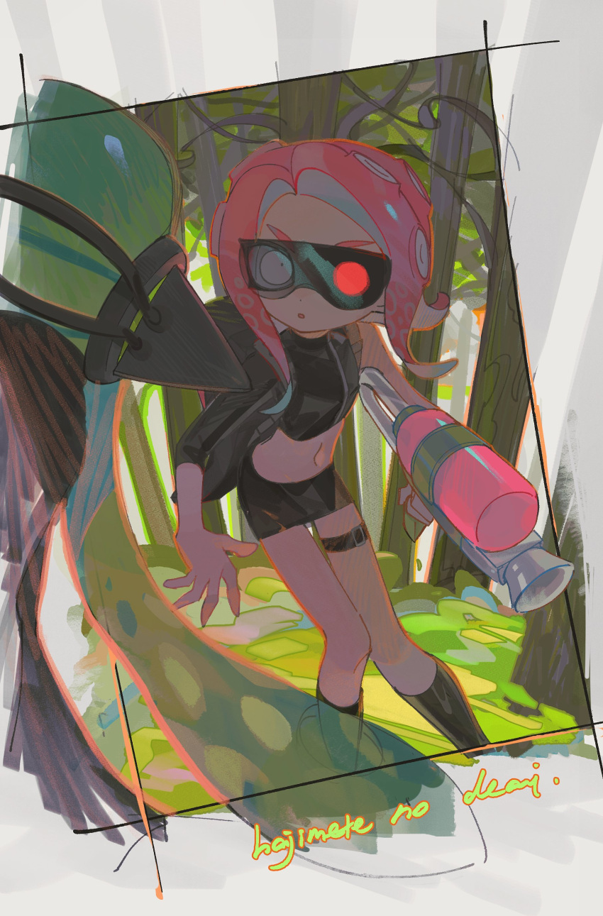 2girls :o absurdres agent_3_(splatoon) agent_8_(splatoon) anklet backpack bag belt black_bag black_belt black_cape black_footwear black_headphones black_shirt black_skirt cape champagnetree crop_top facing_away feet_out_of_frame forest goggles green_hair headphones highres holding holding_weapon inkling jewelry knees_together_feet_apart long_hair looking_at_another midriff miniskirt multiple_girls nature navel octoling octoling_girl octoling_player_character octoshot_(splatoon) one_eye_covered open_mouth outdoors red_hair shirt single_sleeve skirt splatoon_(series) splatoon_2 splatoon_2:_octo_expansion suction_cups tentacle_hair thigh_belt thigh_strap tree twintails v-shaped_eyebrows very_long_hair weapon white_eyes wide-eyed zipper