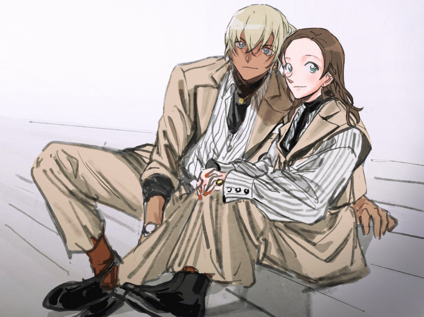1boy 1girl amuro_tooru black_footwear blonde_hair blue_eyes brown_hair commentary_request couple dark-skinned_male dark_skin enomoto_azusa highres jewelry looking_at_viewer masso meitantei_conan necklace red_nails shirt sleeves_rolled_up smile striped_clothes striped_shirt suit vertical-striped_clothes vertical-striped_shirt waistcoat watch wristwatch