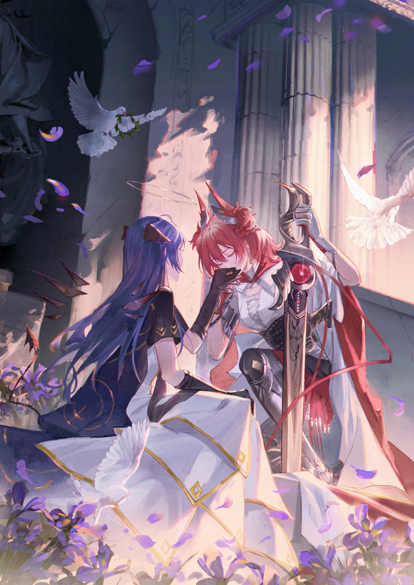 2girls absurdres animal_ears arknights bird bird_ears bird_girl black_gloves blue_hair cape closed_eyes demon_horns detached_wings dove dress energy_wings falling_petals fiammetta_(arknights) flower gloves halo high-waist_skirt highres horns kiss kissing_hand luren_max mostima_(arknights) multiple_girls on_one_knee outdoors petals pillar planted planted_sword pointy_hair red_hair sitting skirt statue sword weapon wings