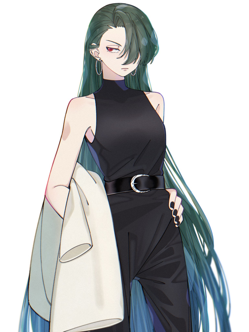 1girl belt black_nails black_pants closed_mouth coat commentary_request earrings eyelashes green_hair hair_over_one_eye highres holding holding_clothes holding_coat hoop_earrings jewelry kana_(kanna_runa0620) long_hair pants pokemon pokemon_sv red_eyes rika_(pokemon) shirt simple_background sleeveless sleeveless_shirt solo unworn_coat very_long_hair white_background white_coat