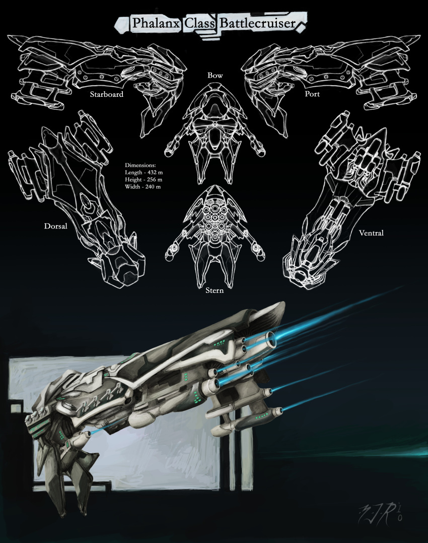 absurdres battlecruiser_(eve_online) commentary concept_art eve_online from_side gallente_federation_(eve_online) glowing highres military_vehicle multiple_views no_humans original peacewise reference_sheet science_fiction spacecraft thrusters vehicle_focus