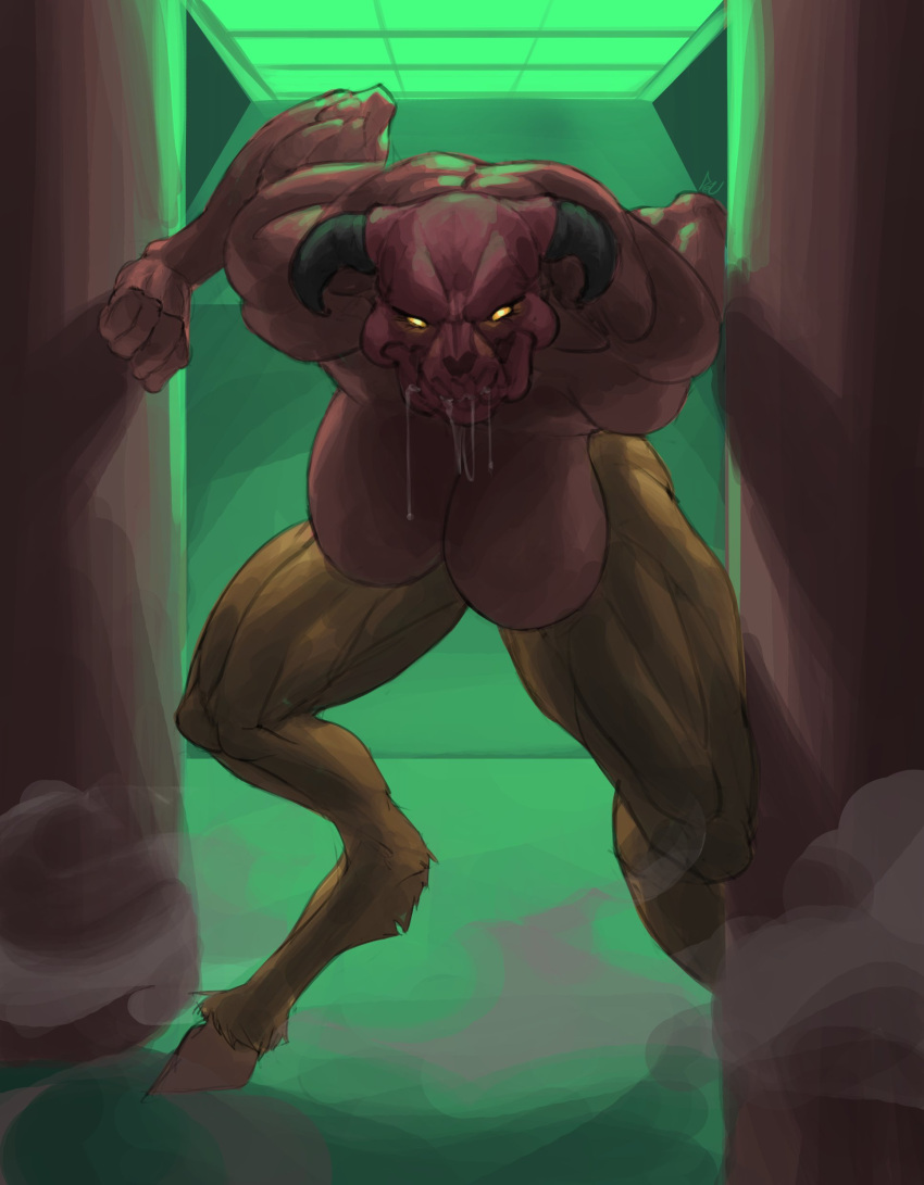 2_horns 5_fingers absurd_res big_breasts bodily_fluids breasts brown_body brown_fur clenched_teeth colored demon detailed_background deu digital_drawing_(artwork) digital_media_(artwork) doom_(series) drooling dust featureless_breasts female female_focus fingers floor fur green_background hell_knight hi_res hooves horn humanoid id_software light lighting looking_at_viewer muscular muscular_female muscular_thighs no_sclera nude orange_eyes pillar pupils red_body red_skin saliva saliva_string simple_background solo standing teeth wall_(structure) white_pupils