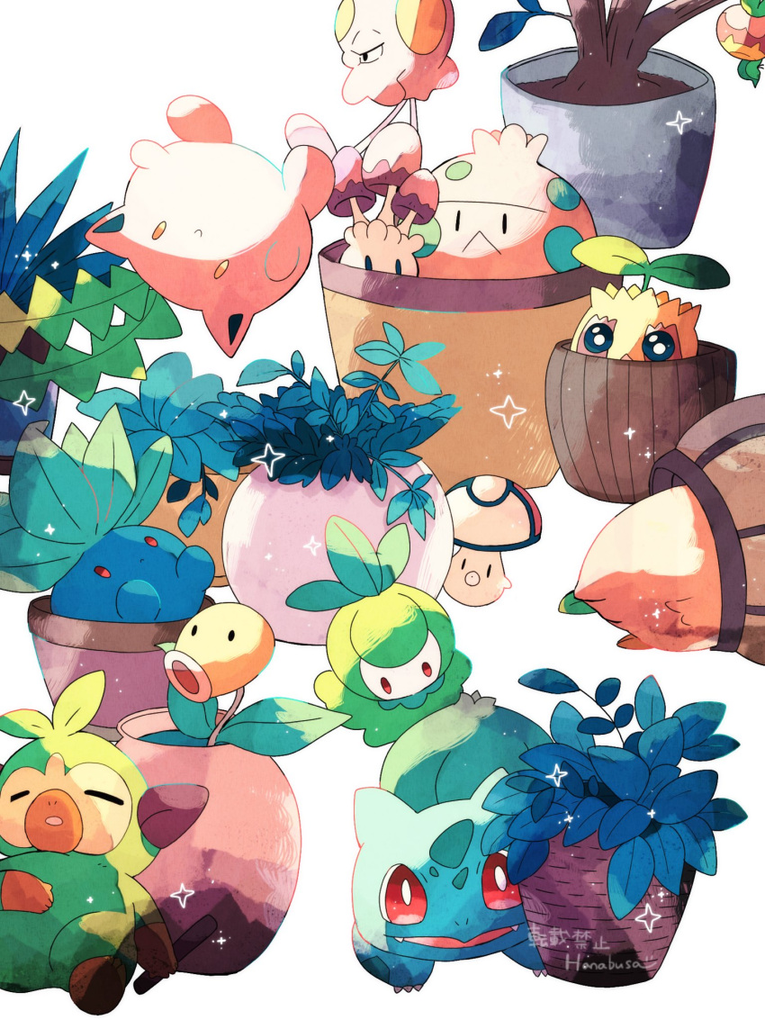 applin bellsprout bulbasaur closed_eyes commentary_request floating foongus grookey hanabusaoekaki highres hoppip monkey morelull mushroom oddish petilil plant pokemon pokemon_(creature) potted_plant red_eyes shroomish simple_background sleeping solid_oval_eyes sparkle sunkern toedscool white_background