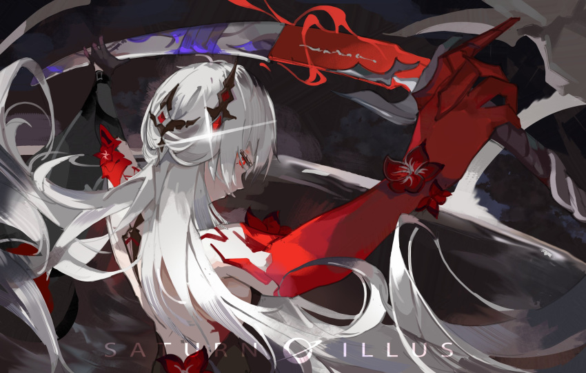 1girl acheron_(honkai:_star_rail) arms_up artist_name bare_shoulders black_hole body_markings cmdr_saturn detached_sleeves flower hair_ornament highres holding holding_sword holding_weapon honkai:_star_rail honkai_(series) long_hair red_eyes red_flower sheath solo sword unsheathing weapon white_hair