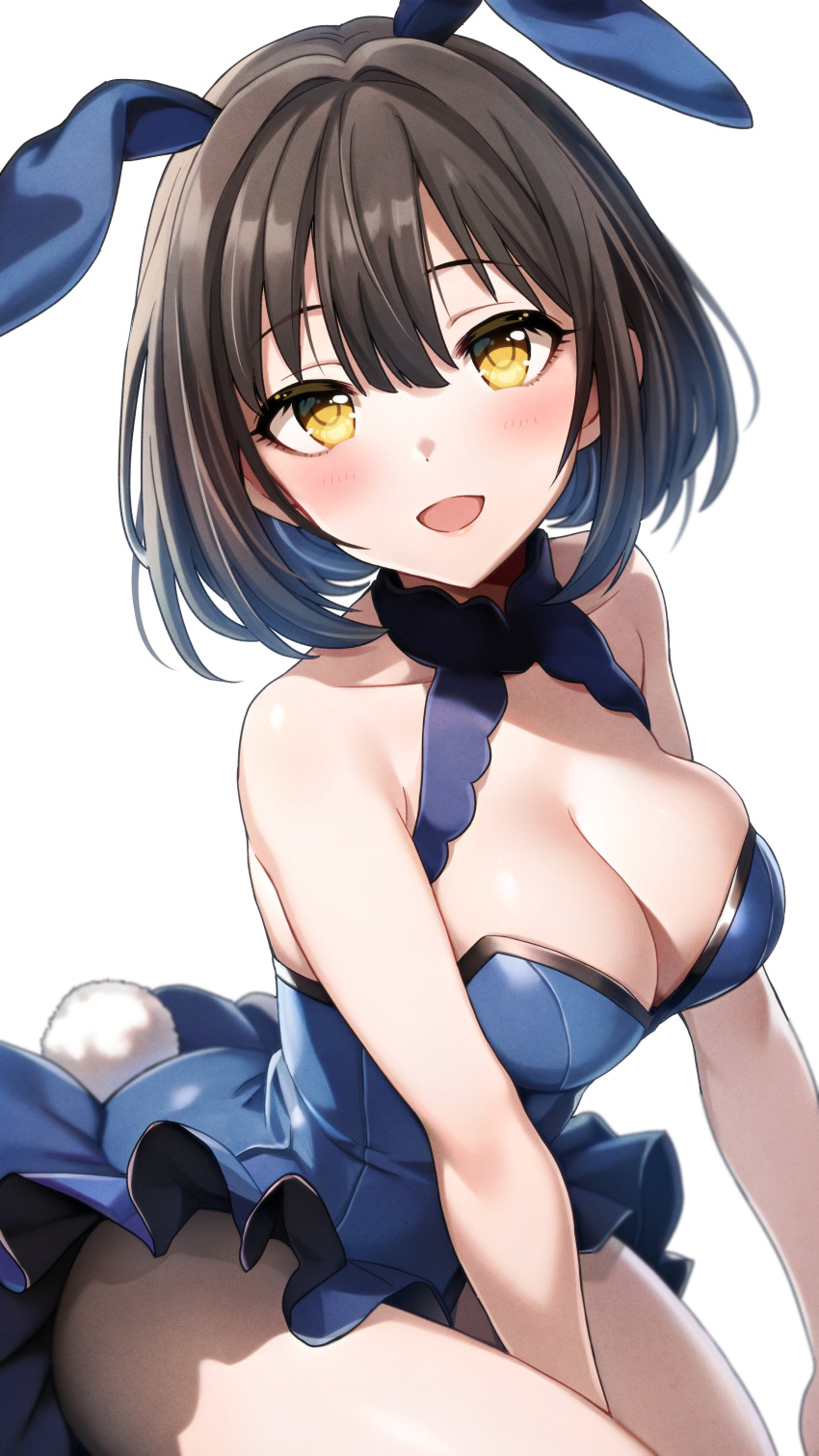 1girl absurdres animal_ears bare_arms bare_shoulders black_hair blue_dress blush breasts cleavage commentary_request dress fake_animal_ears fake_tail highres idolmaster idolmaster_cinderella_girls large_breasts looking_at_viewer open_mouth playboy_bunny popon_ta rabbit_ears rabbit_tail short_hair simple_background skindentation sleeveless sleeveless_dress smile solo tail takafuji_kako thighs upper_body white_background yellow_eyes