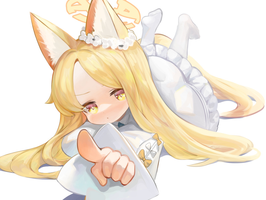 1girl animal_ear_fluff animal_ears blonde_hair blue_archive blush dokomon dress fox_ears halo highres long_hair long_sleeves looking_at_viewer lying on_stomach pantyhose parted_lips pointing pointing_at_viewer seia_(blue_archive) simple_background solo white_background white_dress white_pantyhose yellow_eyes yellow_halo