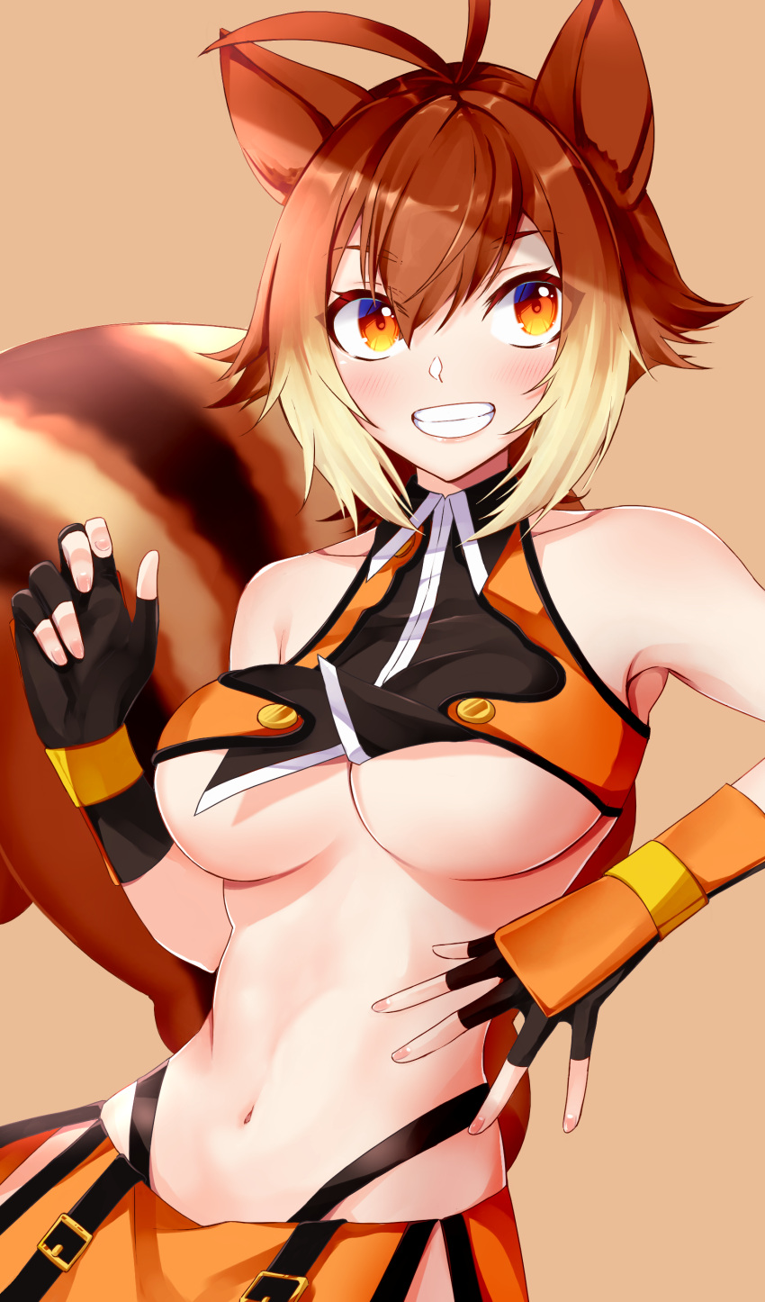 1girl absurdres animal_ears antenna_hair armpits bare_shoulders black_gloves blazblue breasts brown_eyes brown_hair chukachuka collarbone collared_shirt commentary cowboy_shot crop_top cropped_shirt fingerless_gloves gloves grin hair_between_eyes highleg highleg_panties highres large_breasts makoto_nanaya miniskirt multicolored_hair navel orange_shirt orange_skirt panties revealing_clothes shirt short_hair simple_background skirt smile solo squirrel_ears squirrel_girl squirrel_tail standing stomach tail teeth two-tone_hair underboob underwear vambraces