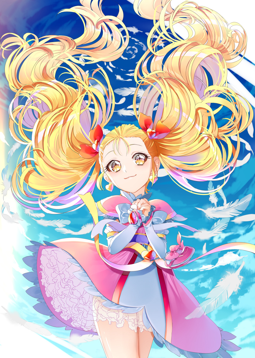 1girl absurdres blonde_hair blue_sky closed_mouth cloud cloudy_sky commentary cowboy_shot day dress earrings elbow_gloves futari_wa_precure futari_wa_precure_max_heart gloves hair_lift hair_pulled_back hair_ribbon half_gloves heart heart_earrings highres jewelry kujou_hikari long_hair looking_at_viewer magical_girl outdoors own_hands_together petticoat pink_dress precure red_ribbon ribbon sash shiny_luminous short_dress sky smile solo standing twintails white_gloves wind wind_lift yellow_eyes yuutarou_(fukiiincho)