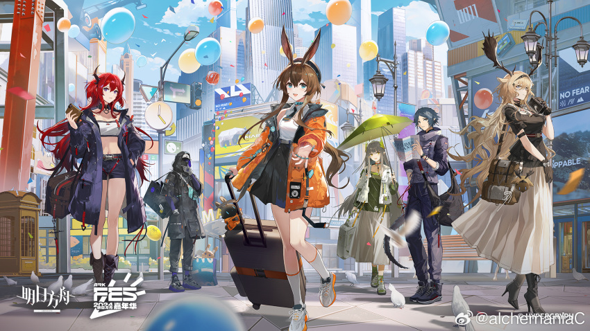 1boy 1other 4girls alchemaniac amiya_(arknights) animal_ears antlers arknights artist_name bag balloon bird black_coat black_footwear black_jacket black_shorts black_skirt blonde_hair blue_coat blue_eyes blue_hair blurry blurry_foreground boots bracelet brown_hair building chinese_commentary choker cloud coat confetti deer_antlers deer_ears deer_girl demon_girl demon_horns doctor_(arknights) dragon_boy elf gloves green_hair green_umbrella handbag high-waist_skirt high_heel_boots high_heels highres holding holding_bag holding_suitcase holding_umbrella hood hood_up hooded_coat hooded_jacket horns jacket jewelry lamppost laurel_crown laurels long_hair long_skirt looking_at_viewer midriff mole mole_under_eye muelsyse_(arknights) multiple_girls multiple_rings navel necktie official_art open_clothes open_jacket orange_jacket outdoors outstretched_hand owl_ears pants pointy_ears purple_eyes rabbit_ears rabbit_girl red_hair ring road rolling_suitcase shirt shoes short_hair shorts sidelocks sign skirt sky skyscraper sleeveless sleeveless_shirt sneakers squatting standing street suitcase surtr_(arknights) thumb_ring umbrella viviana_(arknights) walking zuo_le_(arknights)