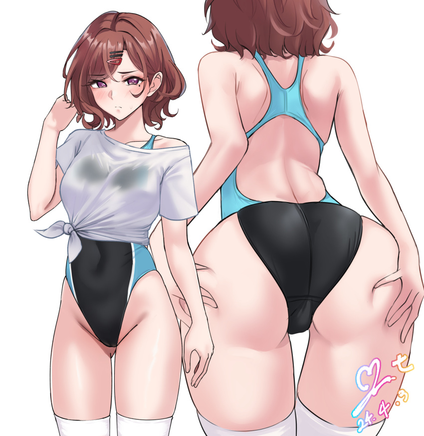 1girl ass ass_visible_through_thighs blush breasts brown_hair cameltoe competition_swimsuit covered_navel dated groin highres higuchi_madoka idolmaster idolmaster_shiny_colors looking_at_viewer median_furrow medium_breasts mole mole_under_eye multiple_views one-piece_swimsuit red_eyes shirt signature simple_background swimsuit thighhighs tied_shirt two-tone_one-piece_swimsuit white_background white_shirt white_thighhighs yoo_tenchi