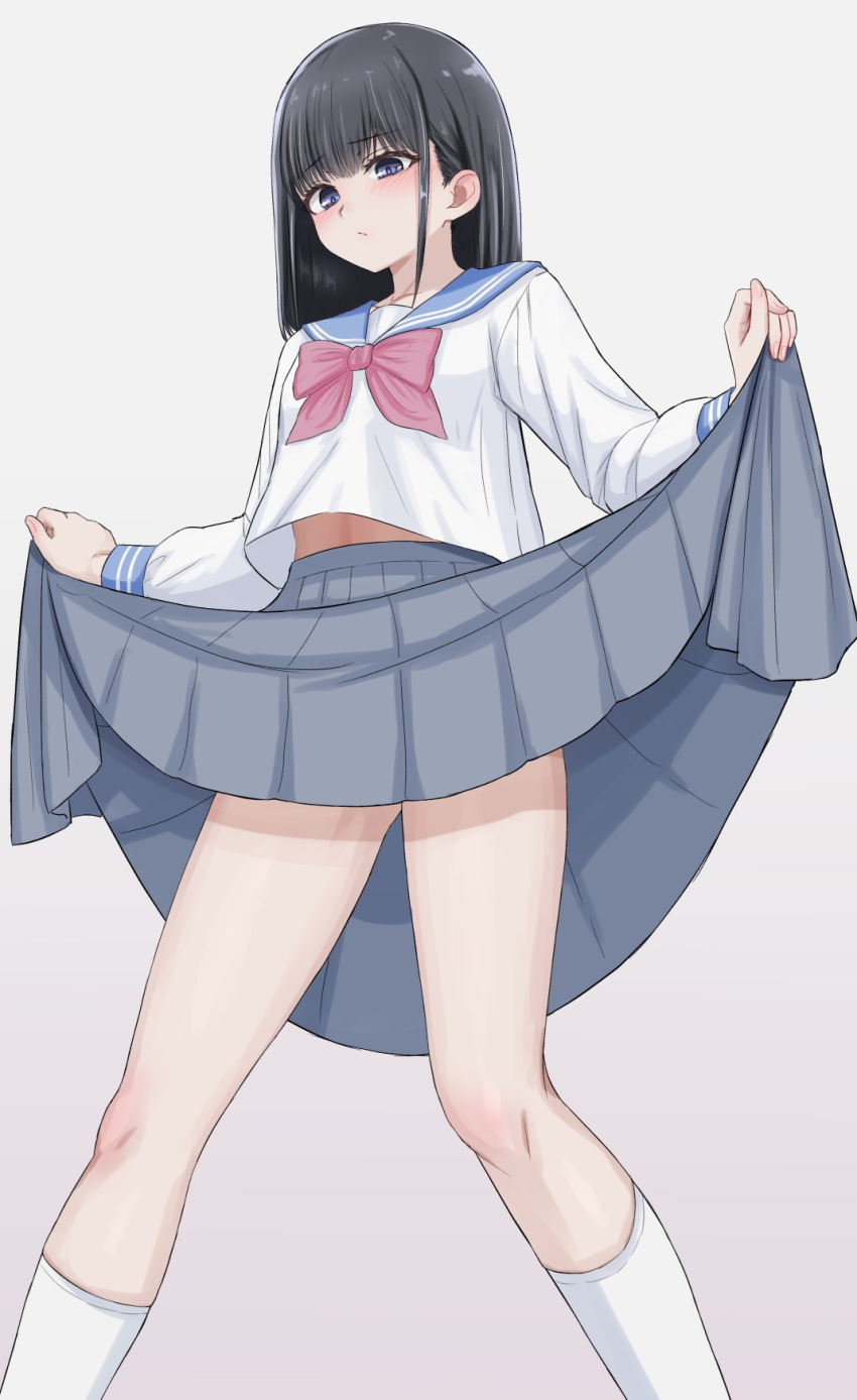 1girl black_hair blue_sailor_collar blush bow breasts closed_mouth collarbone embarrassed gradient_background grey_background grey_skirt highres kneehighs lifted_by_self long_sleeves looking_down medium_bangs medium_hair midriff_peek mustee original pink_bow pleated_skirt sailor_collar school_uniform serafuku shirt sidelocks simple_background skirt small_breasts socks solo standing white_serafuku white_socks