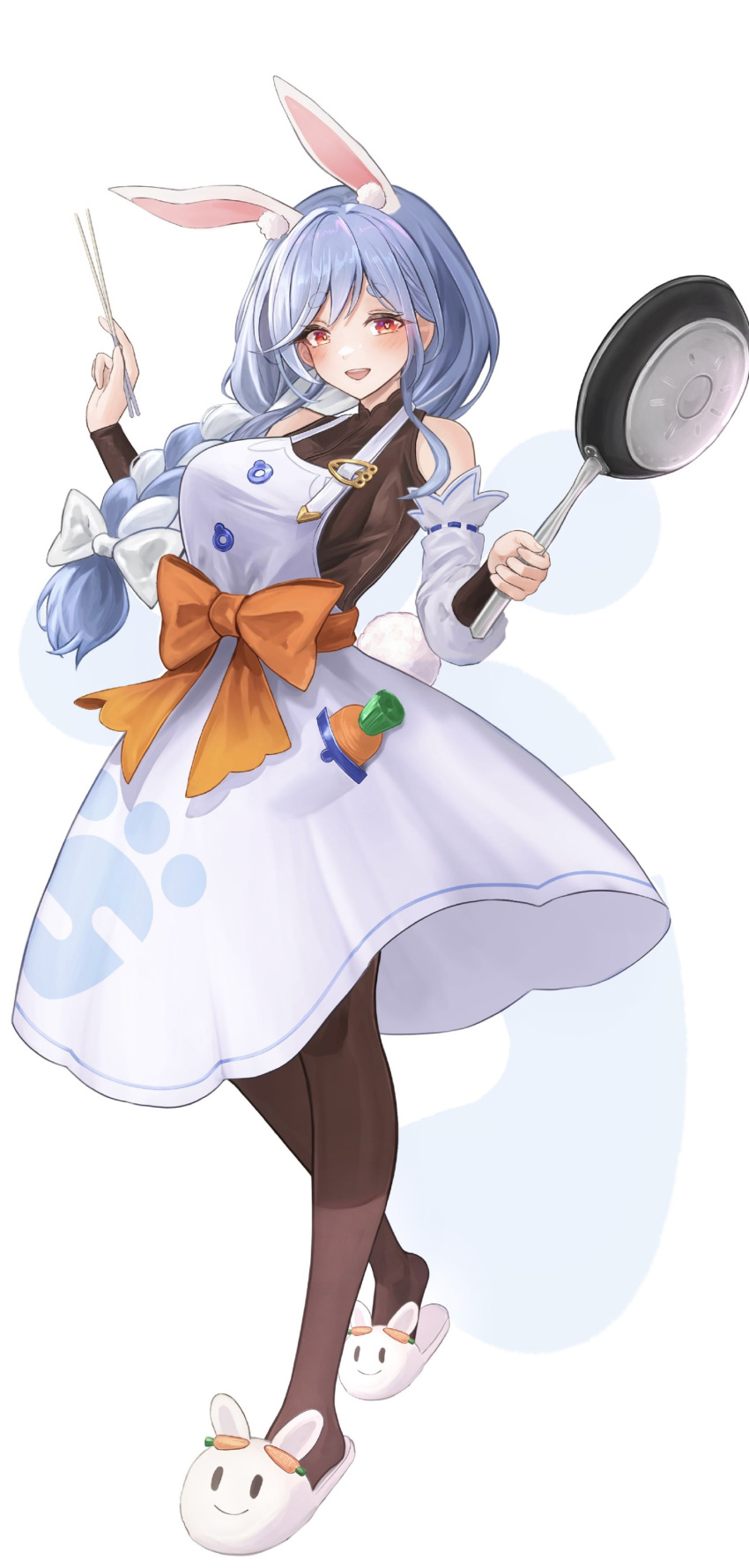 1girl absurdres animal_ear_fluff animal_ears animal_slippers bare_shoulders black_bodysuit blue_hair bodysuit bow braid braided_ponytail breasts brown_pantyhose bunny_slippers carrot_in_pocket chopsticks detached_sleeves dress frying_pan hair_bow highres holding holding_chopsticks holding_frying_pan hololive housewife large_breasts long_hair long_sleeves looking_at_viewer maison_de_cante mature_female open_mouth orange_bow pantyhose pekomama pinafore_dress rabbit-shaped_pupils rabbit_ears rabbit_girl rabbit_tail red_eyes short_eyebrows simple_background sleeveless sleeveless_dress slippers smile solo symbol-shaped_pupils tail thick_eyebrows virtual_youtuber white_background white_bow white_dress white_hair