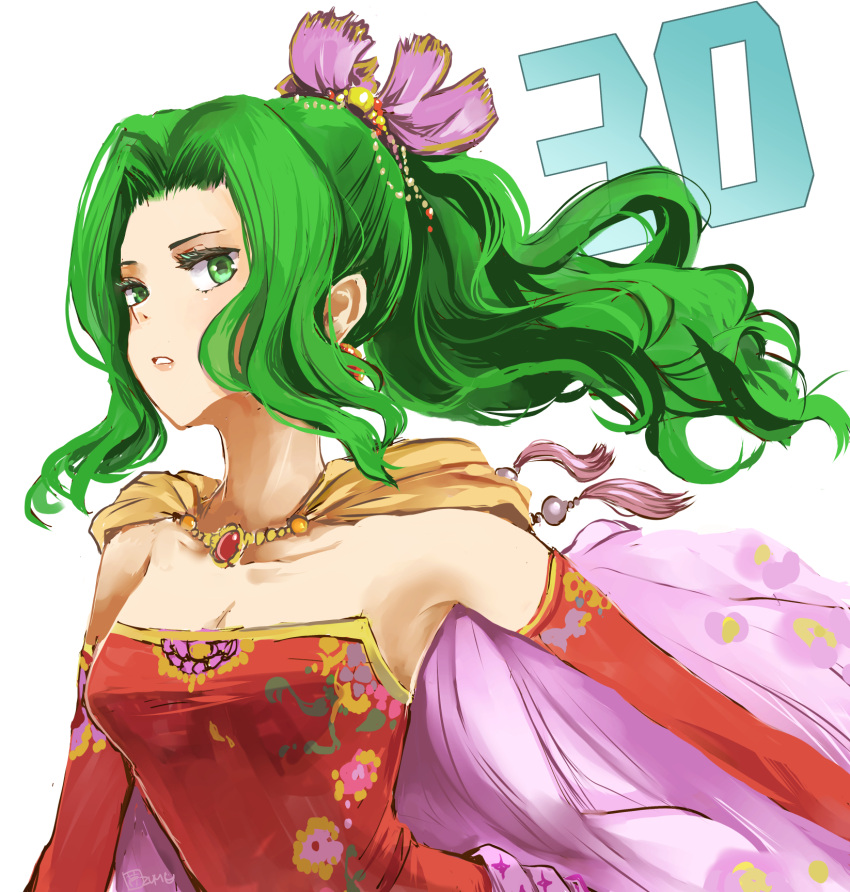 1girl anniversary cape commentary_request detached_sleeves dress final_fantasy final_fantasy_vi gold_trim green_eyes green_hair high_ponytail highres long_hair mizss parted_lips red_dress red_sleeves simple_background solo strapless strapless_dress terra_branford upper_body wavy_hair white_background