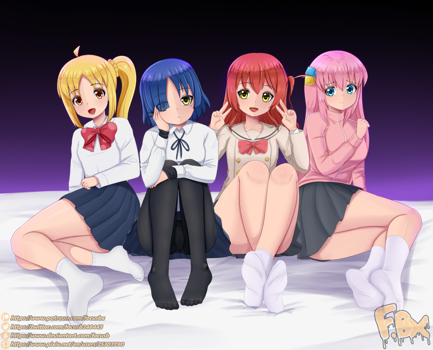 4girls absurdres ahoge artist_name black_pantyhose black_ribbon blonde_hair blue_eyes blue_hair blue_skirt bocchi_the_rock! bored bow braid brown_cardigan cardigan closed_mouth commentary double_v english_commentary english_text focus_bx gotoh_hitori grey_skirt hair_ornament hair_over_one_eye hand_on_own_cheek hand_on_own_face highres ijichi_nijika jacket kita_ikuyo long_hair multiple_girls open_mouth orange_eyes pantyhose pink_hair pink_jacket pleated_skirt red_bow red_hair ribbon shirt short_hair skirt socks v white_shirt white_socks yamada_ryo yellow_eyes zipper