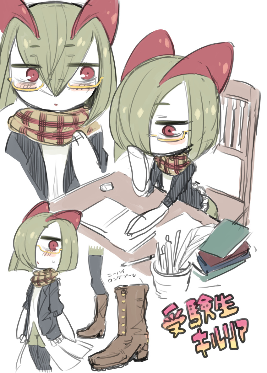 black_thighhighs blue_jacket book book_stack boots chair clothed_pokemon colored_skin desk glasses green_hair highres horns ino_(tellu0120) jacket kirlia multicolored_skin multiple_views open_clothes open_jacket pink_eyes pokemon pokemon_(creature) scarf sidelocks simple_background sitting thighhighs two-tone_skin white_background white_skin