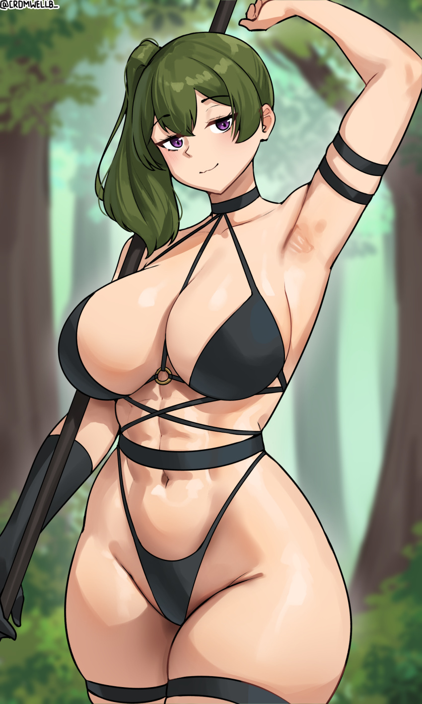 1girl abs absurdres arm_up armpits bikini black_bikini blurry blurry_background breasts closed_mouth collarbone commentary cowboy_shot cromwellb english_commentary forest green_hair highleg highleg_bikini highres holding holding_weapon large_breasts looking_at_viewer medium_hair nature navel purple_eyes side_ponytail solo sousou_no_frieren swimsuit thick_thighs thigh_strap thighs tree twitter_username ubel_(sousou_no_frieren) weapon