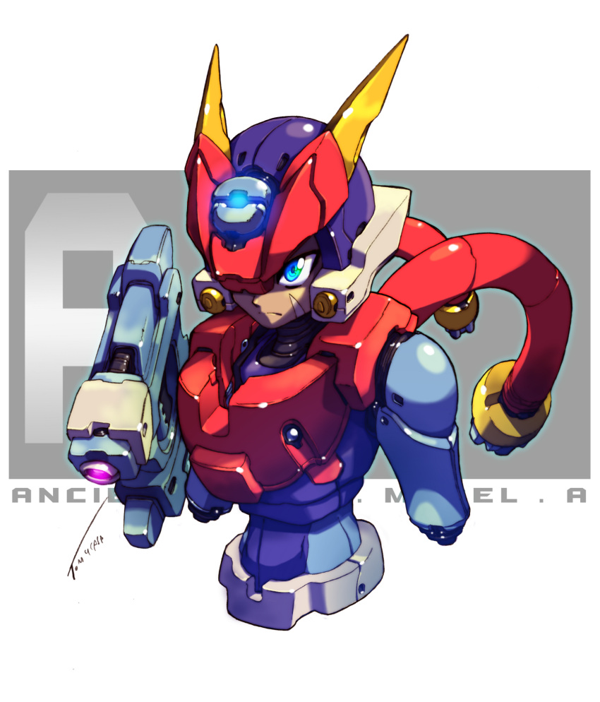 1boy amputee android armor black_helmet blue_eyes cable character_name dark-skinned_male dark_skin double_amputee energy_gun glowing glowing_eyes grey_(mega_man) highres mega_man_(series) mega_man_zx mega_man_zx_advent model_a_(mega_man) red_armor red_helmet scar scar_on_face shaded_face simple_background solo tomycase upper_body weapon white_background