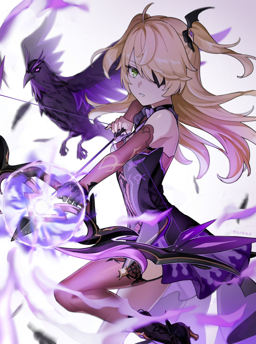 1girl bat_ornament bird black_feathers black_nails blonde_hair bow bow_(weapon) bowtie brown_sleeves commentary_request crow eyepatch falling_feathers feathers fingernails fischl_(genshin_impact) fishnet_top fishnets genshin_impact gloves green_eyes hair_over_one_eye highres holding holding_bow_(weapon) holding_weapon karame_rise long_hair looking_at_viewer nail_polish oz_(genshin_impact) purple_bow purple_bowtie single_glove single_thighhigh tailcoat thighhighs two_side_up weapon