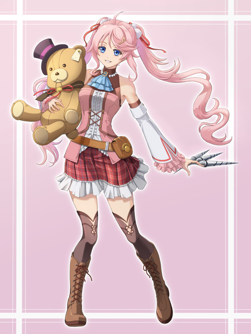 1girl belt_pouch blue_eyes boots bow brown_footwear chiga_akira dart detached_sleeves eiyuu_densetsu floating_hair frilled_skirt frilled_sleeves frills full_body hair_between_eyes hair_ornament hairclip hajimari_no_kiseki hat highres holding holding_dart holding_stuffed_toy kneehighs long_hair looking_at_viewer mini_hat mini_top_hat nadia_rayne parted_bangs pink_background pink_hair pouch simple_background skirt smile socks solo stuffed_animal stuffed_toy teddy_bear top_hat twintails