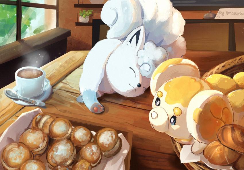 alolan_vulpix animal_focus basket bread chufflepop closed_eyes closed_mouth coffee coffee_mug commentary cup dog english_commentary english_text fidough food highres indoors mug multiple_tails no_humans pawpads pokemon pokemon_(creature) sign spoon steam tail window