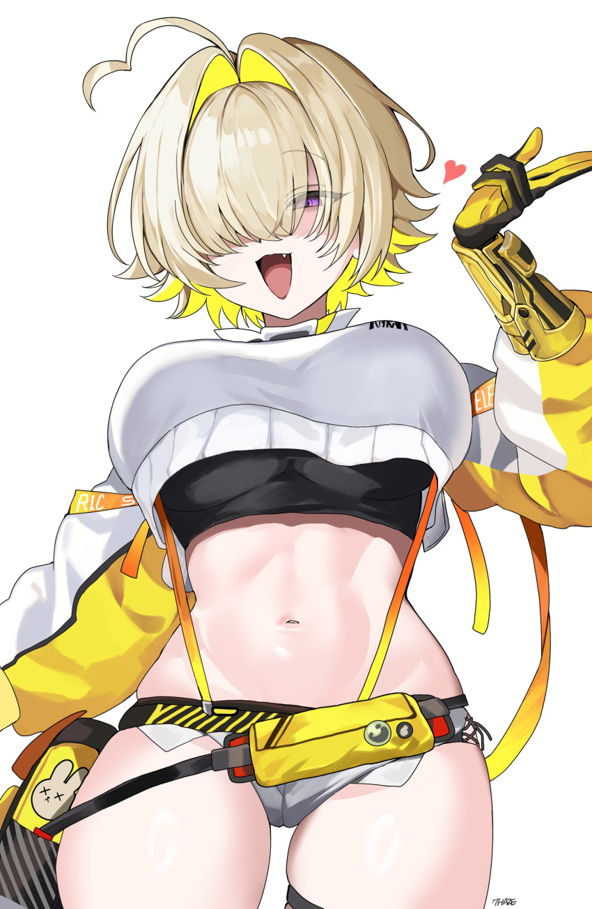 1girl :d absurdres ahoge black_sports_bra blonde_hair breasts crop_top elegg_(nikke) fang goddess_of_victory:_nikke hair_intakes hair_over_eyes hand_up heart highres long_bangs long_sleeves looking_at_viewer micro_shorts multicolored_hair navel ohw8g pouch purple_eyes short_hair shorts signature simple_background skindentation smile solo sports_bra stomach suspenders thigh_strap thighs two-tone_gloves two-tone_hair white_background