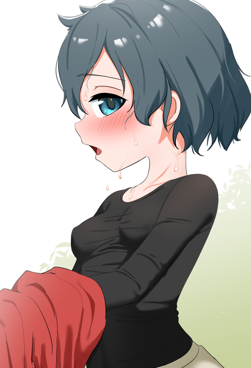 1girl absurdres black_hair blue_eyes blush breasts chis_(js60216) covered_nipples highres hot kaban_(kemono_friends) kemono_friends looking_at_viewer messy_hair open_mouth perky_breasts red_shirt shirt short_hair small_breasts solo sweat undershirt undressing