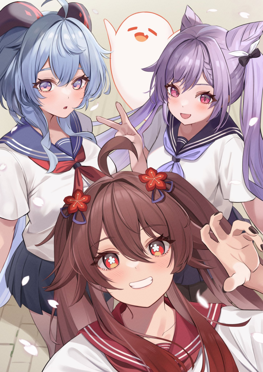 3girls ahoge alternate_costume black_nails black_sailor_collar black_skirt blue_eyes blue_hair blue_sailor_collar blue_skirt blush boo_tao_(genshin_impact) braid braided_bangs bright_pupils brown_hair collared_shirt cone_hair_bun double_bun falling_petals fingernails flower-shaped_pupils ganyu_(genshin_impact) genshin_impact goat_horns hair_between_eyes hair_bun hair_ornament highres horns hu_tao_(genshin_impact) keqing_(genshin_impact) long_hair looking_at_viewer low_ponytail multiple_girls nail_polish neckerchief open_mouth orange_eyes outdoors parted_lips petals pink_eyes pleated_skirt purple_eyes purple_hair purple_neckerchief red_eyes red_neckerchief red_sailor_collar sailor_collar school_uniform selfie serafuku shirt short_sleeves sidelocks skirt smile symbol-shaped_pupils teeth twintails v white_pupils white_shirt yutoriko_(candy0905)