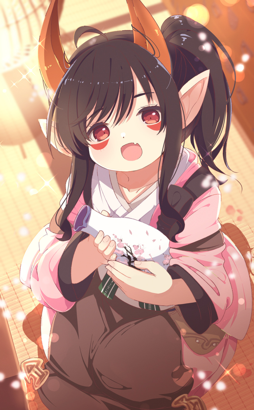1girl absurdres ahoge brown_hair collarbone commission highres horns japanese_clothes lalafell long_hair looking_at_viewer open_mouth pointy_ears ponytail red_eyes shiro9jira skeb_commission solo