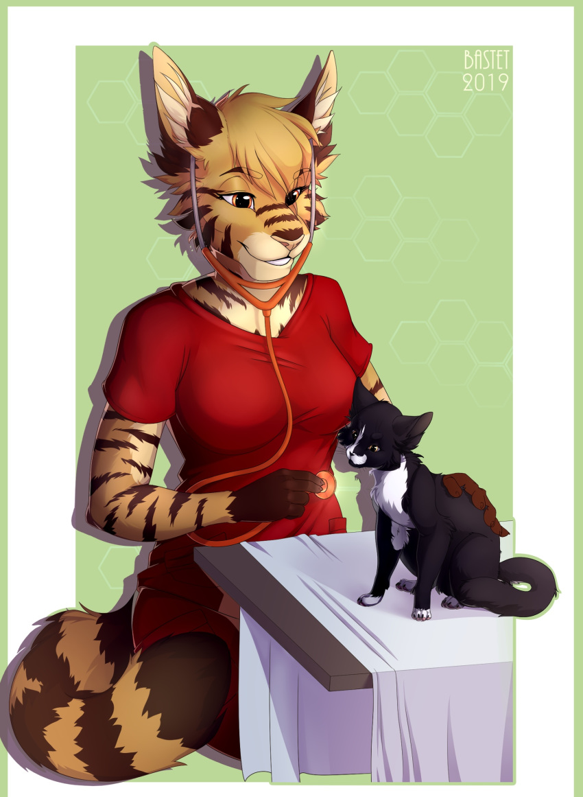 2019 ambiguous_gender anthro bastika black_fur breasts brown_fur clothed clothing digital_media_(artwork) domestic_cat duo felid feline felis female feral fur hi_res mammal orange_eyes sitting smile striped_fur stripes tan_hair white_fur