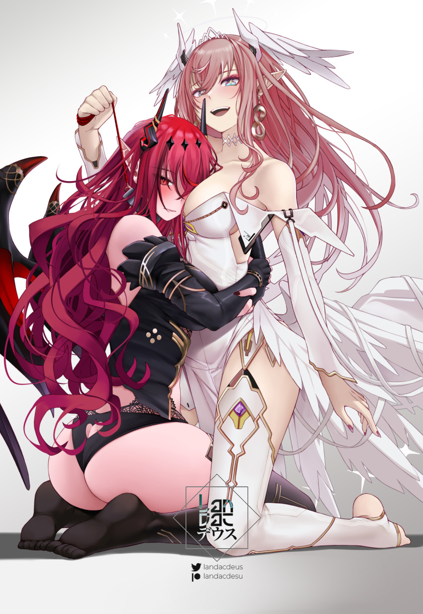 2girls ass bare_shoulders between_breasts black_gloves black_horns black_panties black_thighhighs black_wings blue_eyes blush breasts choker clothing_cutout demon_girl demon_horns demon_wings dress earrings elbow_gloves fingerless_gloves gloves gold_bracelet gold_trim hair_between_eyes halo head_between_breasts head_wings heart_cutout highres holding holding_leash hololive hololive_english horns hug irys_(hololive) jewelry landacdeus leash long_hair multiple_girls nail_polish open_mouth paid_reward_available panties pelvic_curtain pink_hair pointy_ears purple_nails sparkling_eyes stirrup_legwear teeth thighhighs tiara toeless_legwear underwear upper_teeth_only virtual_youtuber white_choker white_dress white_thighhighs white_wings wings yuri