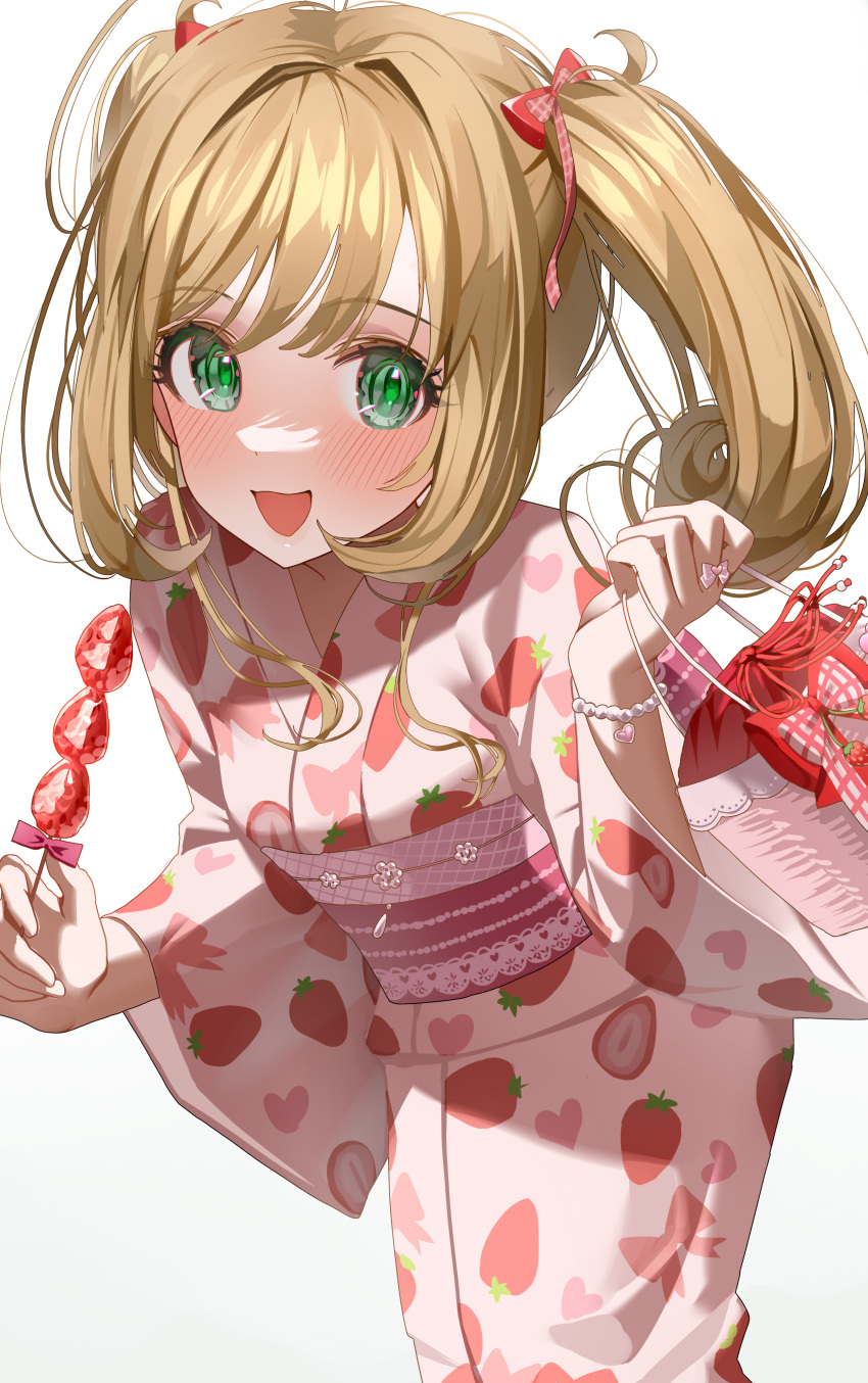 1girl absurdres ahoge bag bead_bracelet beads blush bow bracelet breasts brown_hair brown_sash candy dot_nose food food_print green_eyes hair_bow hair_ribbon highres holding holding_bag holding_candy holding_food idolmaster idolmaster_cinderella_girls idolmaster_cinderella_girls_starlight_stage japanese_clothes jewelry kimono large_breasts long_hair long_sleeves looking_at_viewer ningen_mame obi open_mouth print_kimono red_ribbon ribbon sash sato_shin simple_background smile solo strawberry_print twintails white_background wide_sleeves