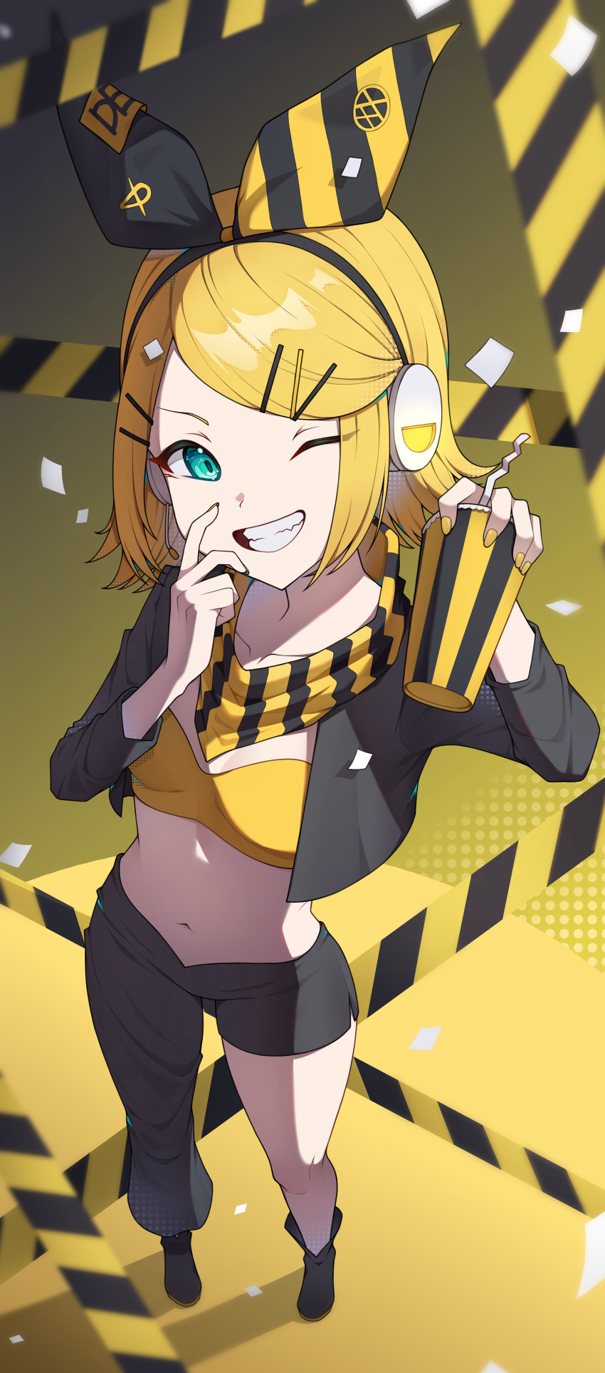 1girl absurdres black_footwear blonde_hair bow caution_tape commentary foreshortening from_above full_body hair_bow headphones highres holding kagamine_rin looking_at_viewer one_eye_closed perspective project_sekai shoes smile solo standing traffic_jam_(vocaloid) vocaloid yamggu yellow_eyes