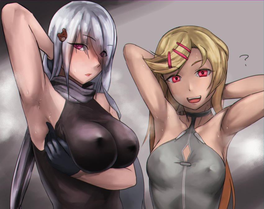 2girls ? arm_behind_back arm_up armpits arms_behind_head arms_up bare_shoulders bear_hair_ornament black_gloves blonde_hair blush breasts cleavage covered_nipples girls'_frontline gloves hair_ornament hair_over_one_eye hairclip large_breasts long_hair looking_at_viewer m1919a4_(girls'_frontline) mizukamakiri multiple_girls open_mouth pk_(girls'_frontline) presenting_armpit red_eyes scarf small_breasts smile very_long_hair white_hair