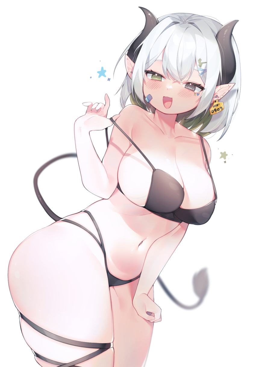 1girl @_@ arm_at_side ass bandaid bandaid_on_face bikini black_bikini black_horns blush breasts colored_inner_hair commentary commission cow_tail cowboy_shot ear_tag green_eyes grey_eyes grey_hair hair_ornament hairpin hand_up heart_stickers heterochromia highres horns huge_ass large_breasts looking_at_viewer medium_breasts multicolored_hair navel open_mouth pointy_ears sen_light sideboob simple_background smile solo star_(symbol) sticker_on_face strap_pull swimsuit tail thigh_strap white_background