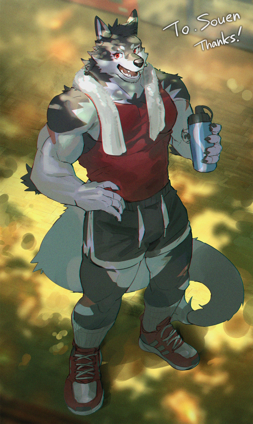 1boy absurdres bara chest_tuft commission from_above furry furry_male highres looking_at_viewer male_focus mature_male muscular muscular_male neumo original pectorals red_tank_top short_hair sidepec skeb_commission solo standing tank_top tree_shade wolf_boy