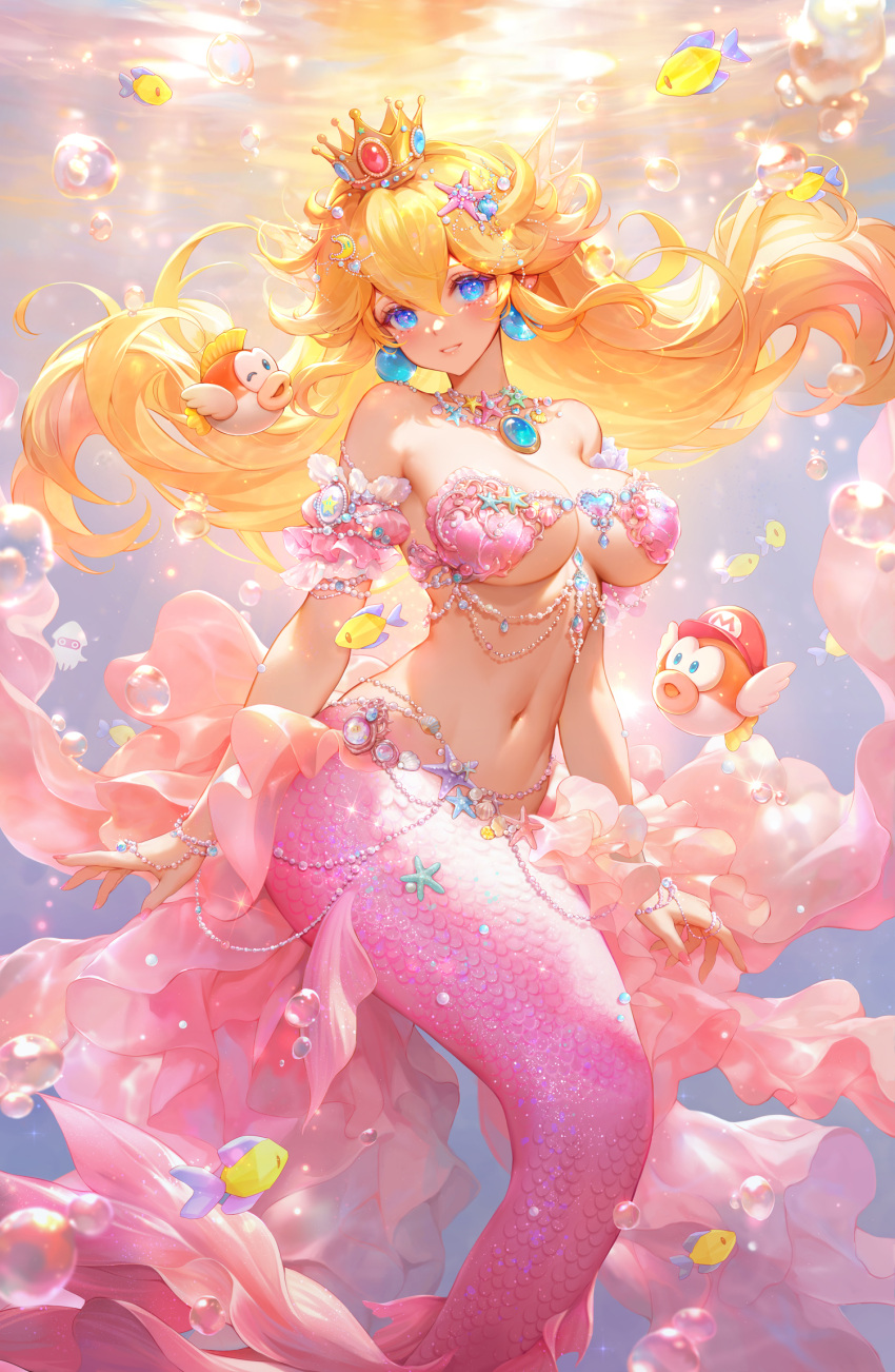 1girl animal animal_ears bead_bracelet beads bikini bikini_top_only blonde_hair blue_eyes bracelet breasts bubble cleavage commentary crown english_commentary hair_between_eyes highres jewelry large_breasts long_hair looking_at_viewer mario_(series) mermaid monster_girl mushroommirror navel necklace pink_bikini princess_peach smile solo swimsuit underwater