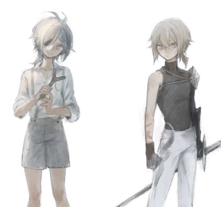 2boys aged_down antenna_hair armor black_gloves black_shirt blonde_hair blue_eyes blue_hair collar collarbone collared_shirt dainsleif_(genshin_impact) eyepatch feet_out_of_frame genshin_impact gloves hair_between_eyes highres holding holding_slingshot holding_sword holding_weapon kaeya_(genshin_impact) kaimochi0839 looking_at_viewer male_focus medium_hair multiple_boys pauldrons scar scar_on_arm shirt shirt_tucked_in shorts shoulder_armor simple_background single_pauldron single_sleeve slingshot_(weapon) suspenders sword symbol-shaped_pupils weapon white_background white_shirt