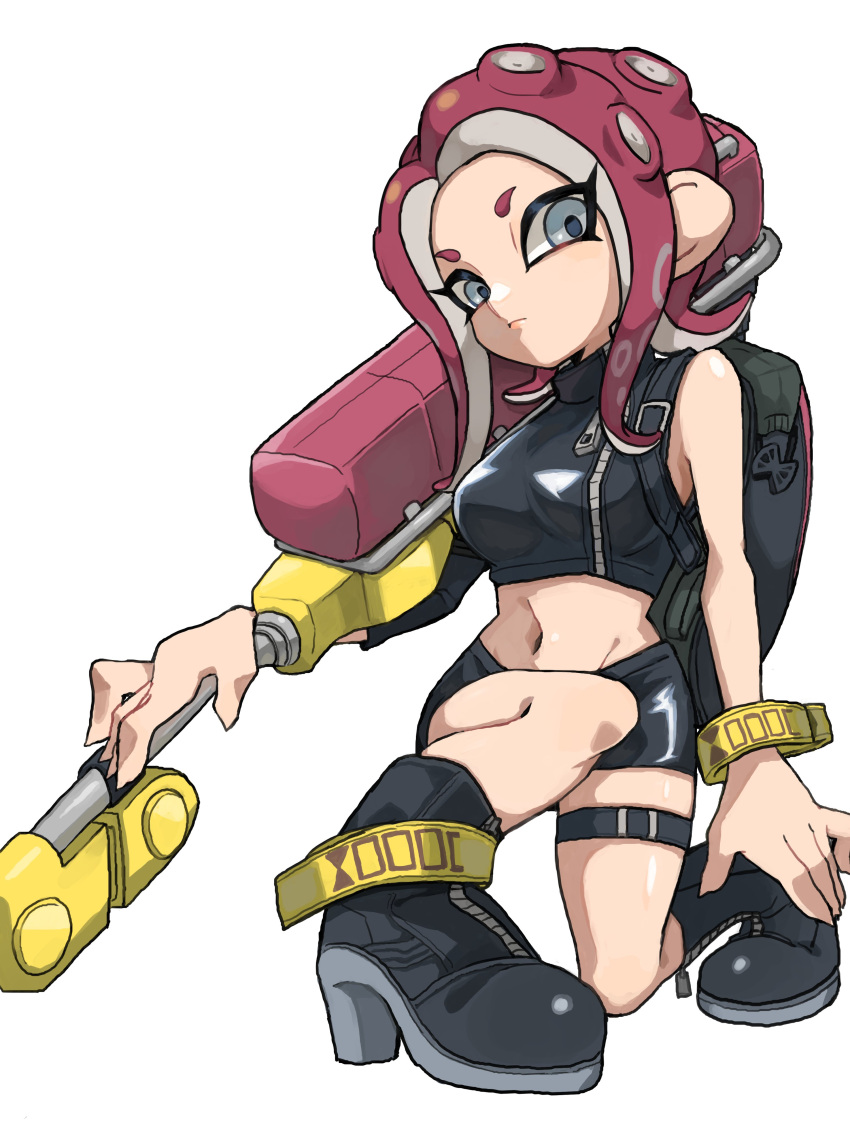 1girl absurdres agent_8_(splatoon) anklet backpack bag belt black_bag black_belt black_footwear black_shirt black_skirt boots breasts closed_mouth commentary crop_top e-liter_4k_(splatoon) full_body grey_eyes groin gun high_heel_boots high_heels highres holding holding_weapon ikachan_pochan jewelry long_hair medium_breasts midriff miniskirt navel octoling octoling_girl octoling_player_character on_one_knee over_shoulder red_hair rifle serious shirt sideways_glance single_bare_shoulder single_sleeve skirt sniper_rifle solo splatoon_(series) splatoon_2 splatoon_2:_octo_expansion suction_cups symbol-only_commentary tentacle_hair thigh_belt thigh_strap weapon white_background wristband zipper zipper_pull_tab